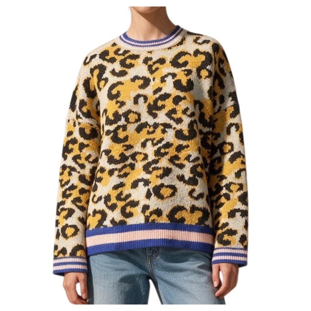 THML Super Soft & Fuzzy YELLOW/BLACK LEOPARD PRINT SWEATER Blue/Pink Trim SZ S